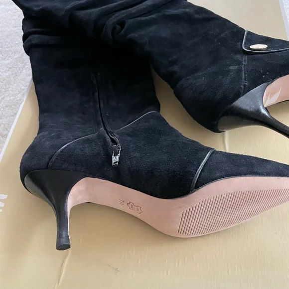 Michael Kors black suede with leather trimmed knee high mid heel boots. - Picture 2 of 6